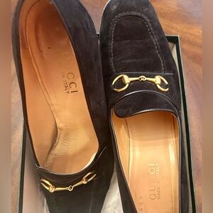 Vintage Gucci Black Suede Loafers with Gold Signature Horse Bit Hardware